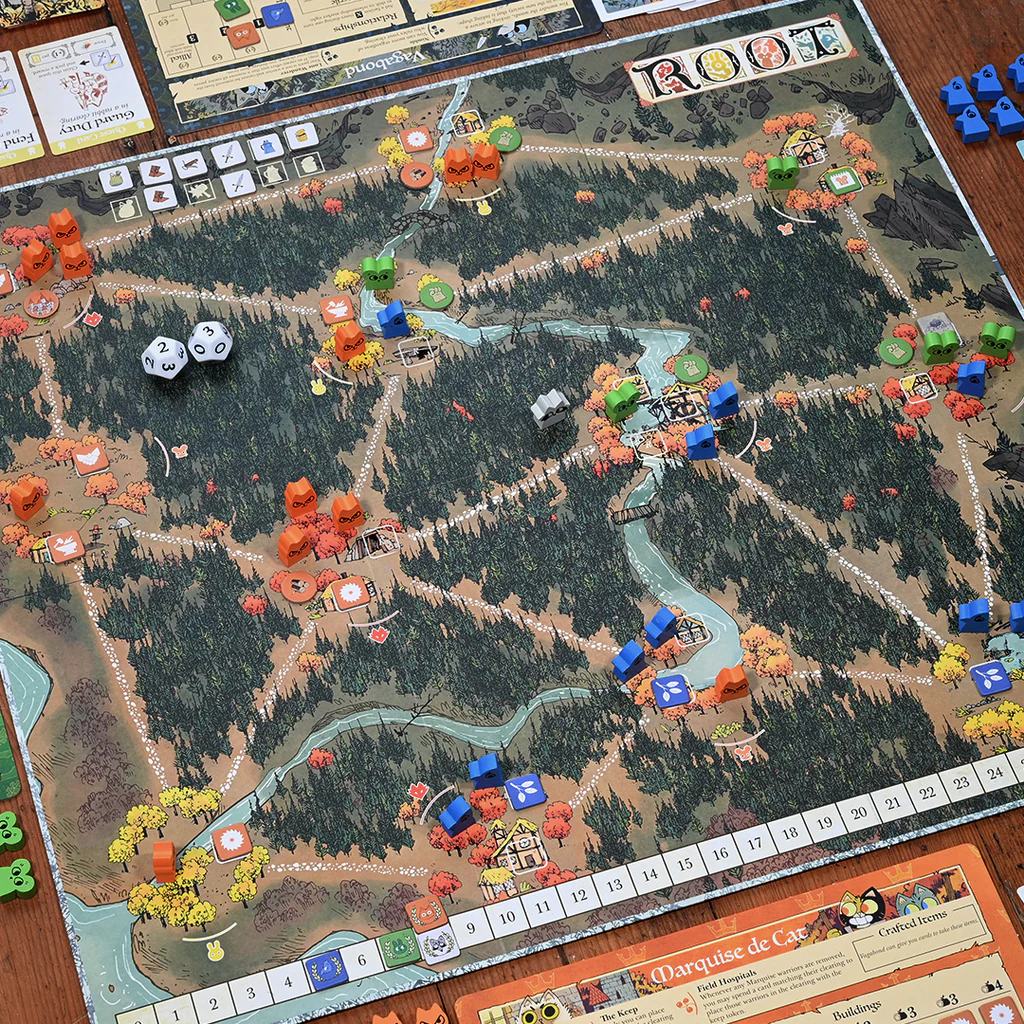 Root A Game of Woodland Might and Right asymmetric faction pieces including Marquise de Cat and Eyrie Dynasty