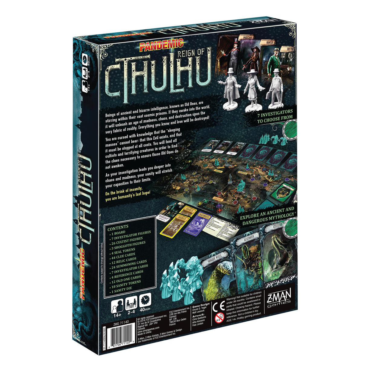 Pandemic: Reign of Cthulhu game components and investigator cards