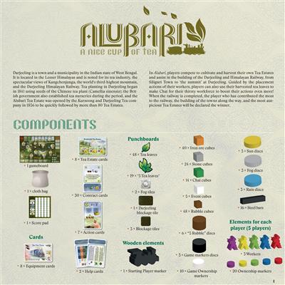 Alubari game components including tea plantation tiles and worker placement pieces