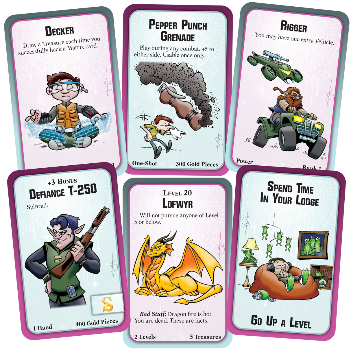 Munchkin Shadowrun gameplay cards featuring weapons and gear