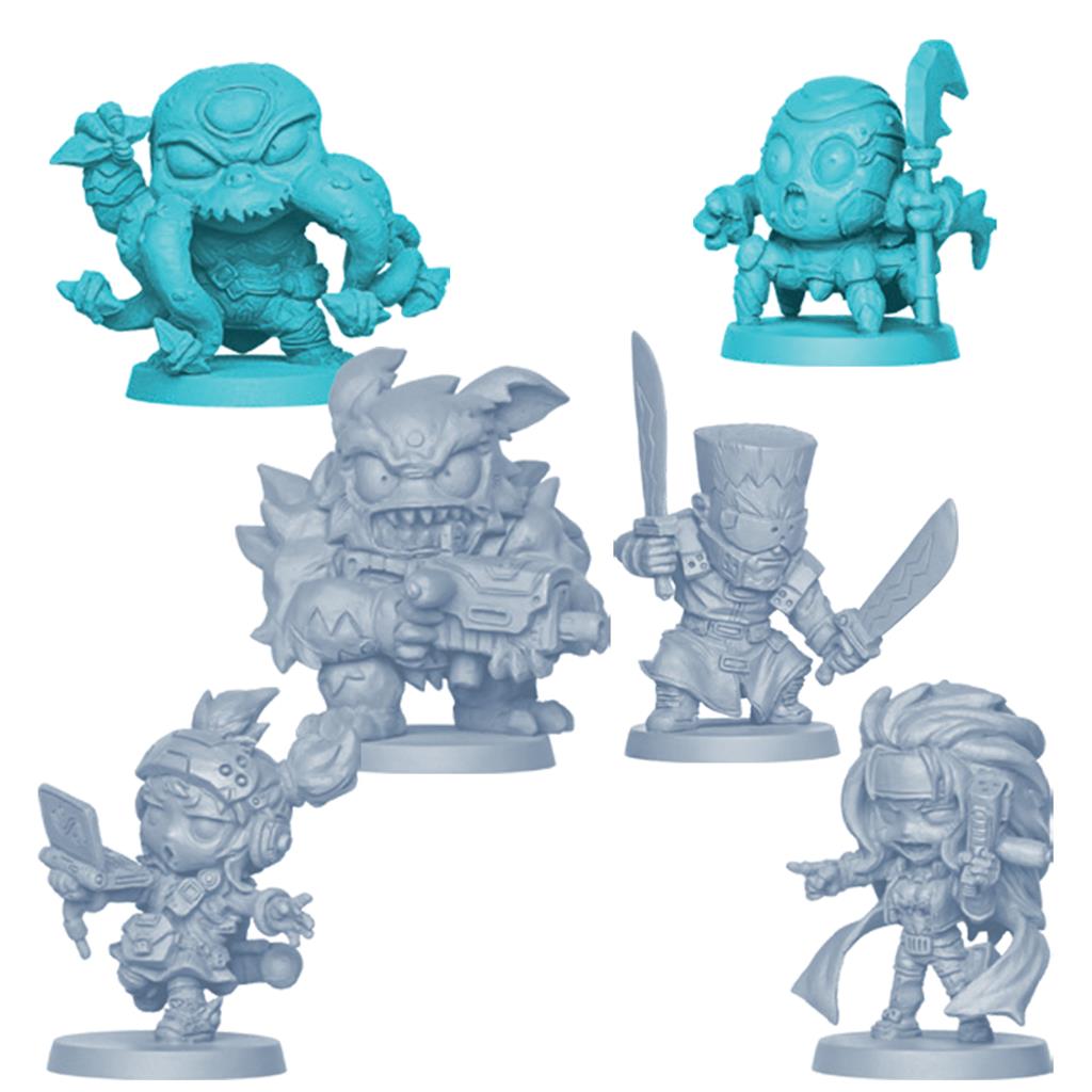 Starcadia Quest game components and hero miniatures