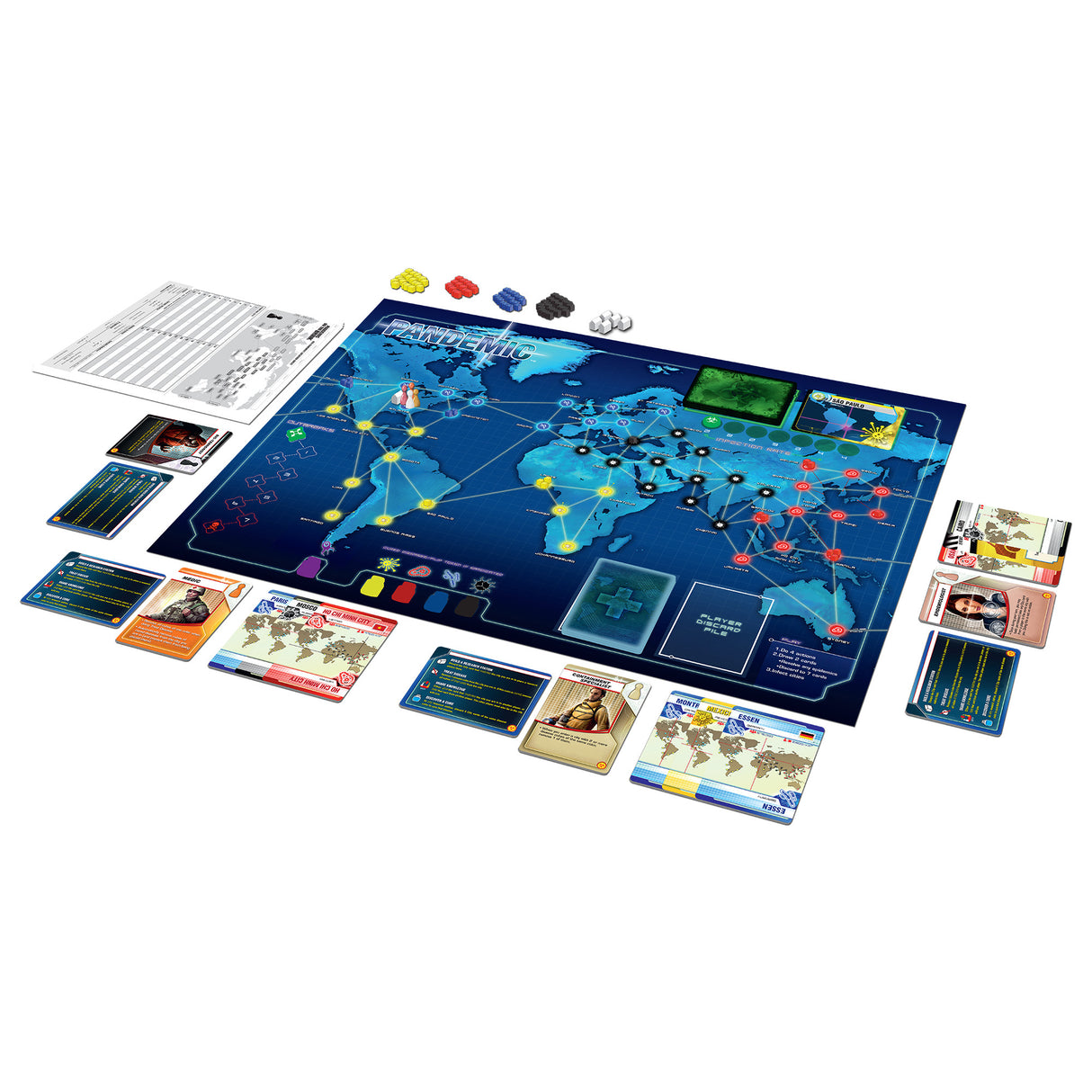 Pandemic: On the Brink RPG gameplay setup with board and expansion pieces