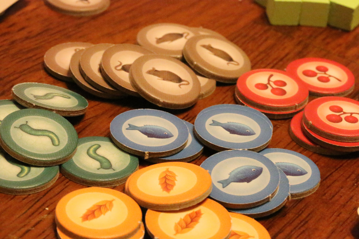 Wingspan game components and food tokens