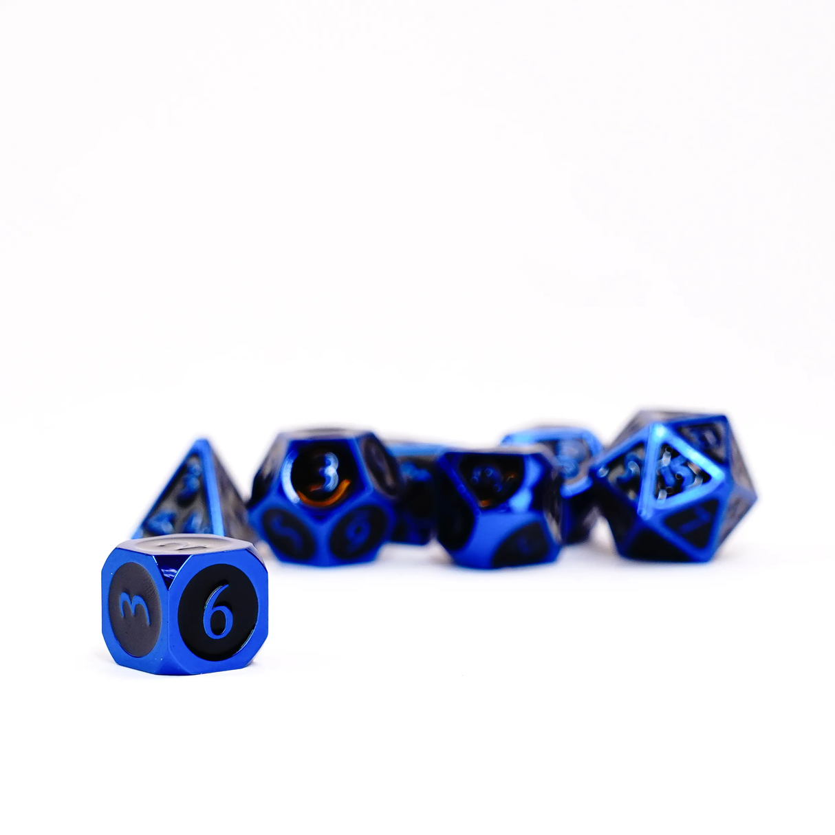 16mm Metal Polyhedral Dice: Blue with black enamel individual dice view