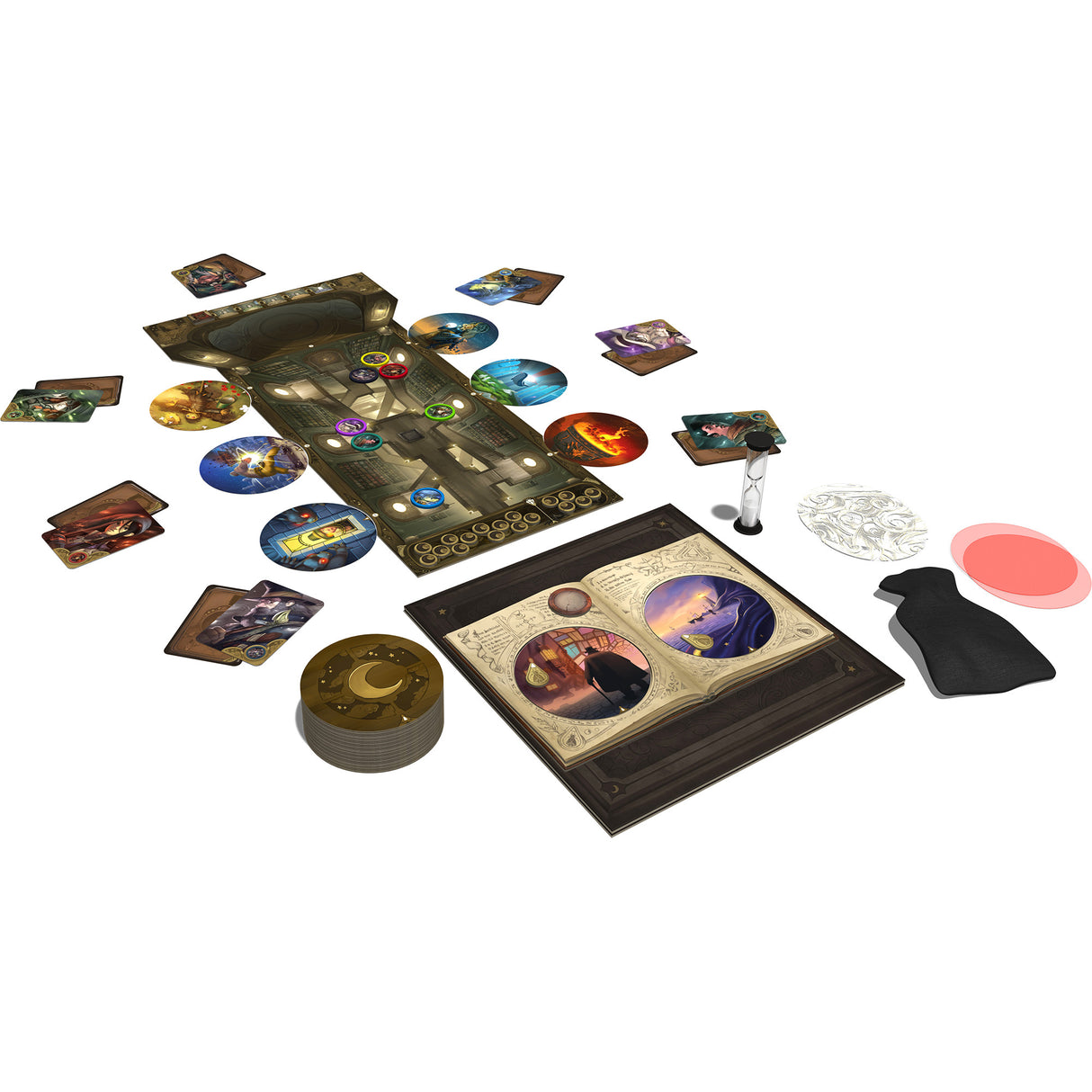 Obscurio complete game components with team-based puzzle solving and hidden role gameplay