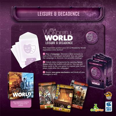 It's a Wonderful World: Leisure & Decadence board game full spread of cards and game pieces