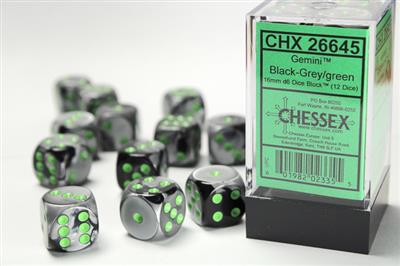 Chessex - Gemini 16mm d6 Black-grey/green (12 dice)