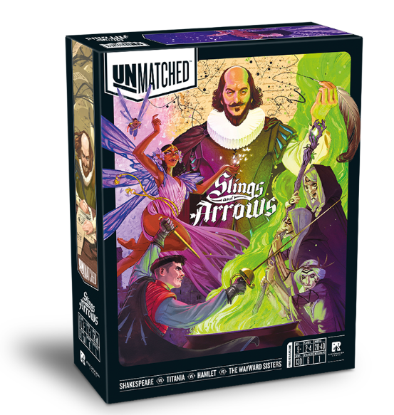 Unmatched: Slings and Arrows board game characters and components