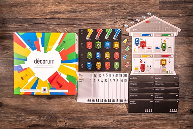 Decorum board game box showing colorful interior design themed artwork