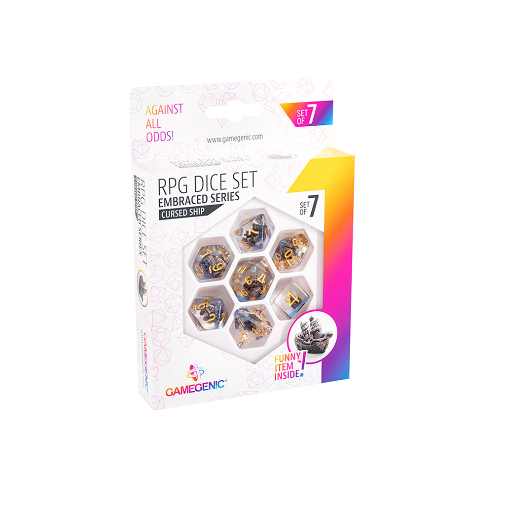 RPG Dice Set Embraced Series - Cursed Ship Set of 7 close-up showing embedded ship details