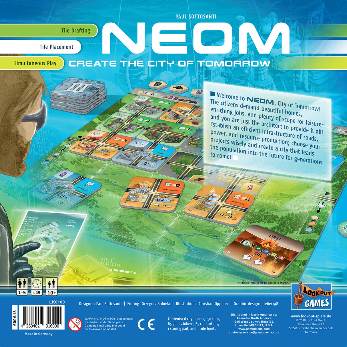 Neom complete game components featuring futuristic city tiles and scoring tracks