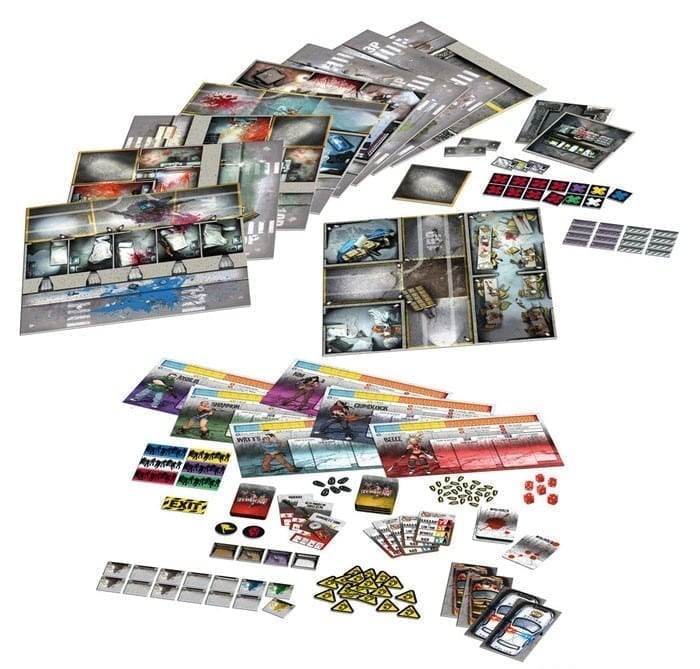 Zombicide: Season 2: Prison Outbreak game components and cards