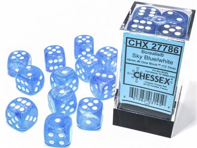 Chessex - Borealis 16mm d6 Sky blue/white Luminary dice block (12 dice)