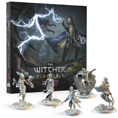 The Witcher: Old World - Mages Expansion game components and mage miniatures