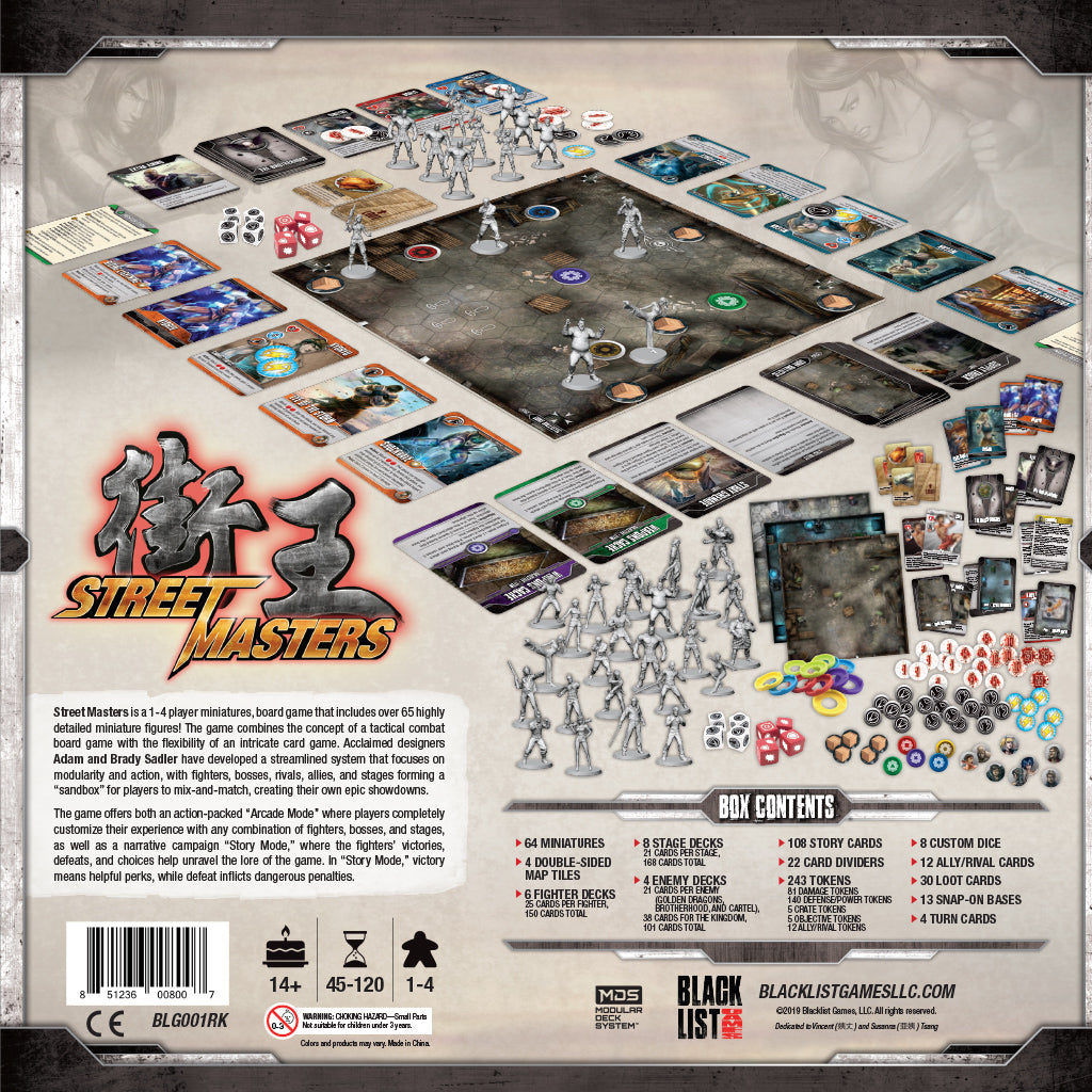 Street Masters cooperative brawler game components and character boards