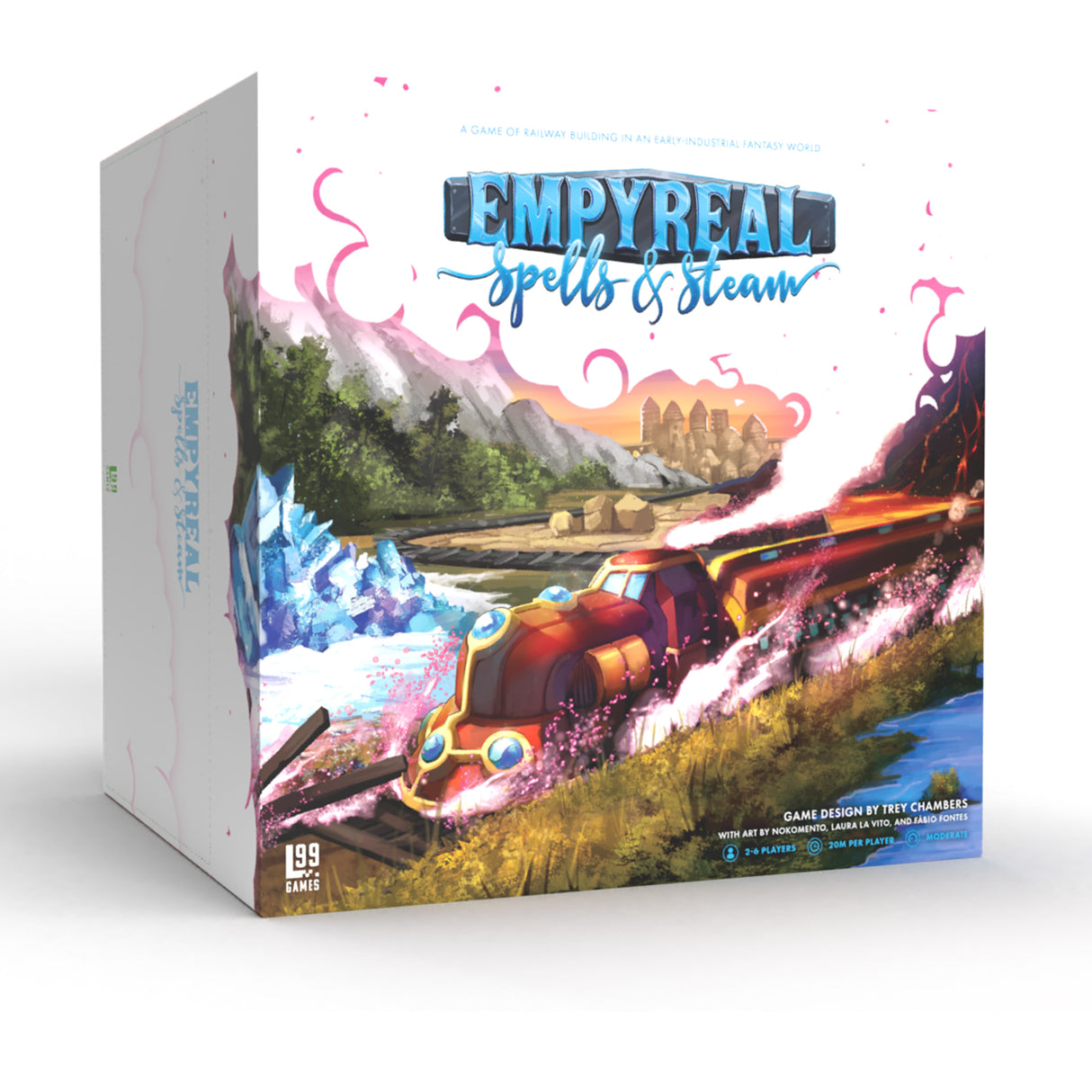 Empyreal Spells and Steam fantasy train route building board game box | Elderwoods