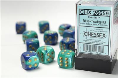 Chessex - Gemini 16mm d6 Blue-teal/gold (12 dice)
