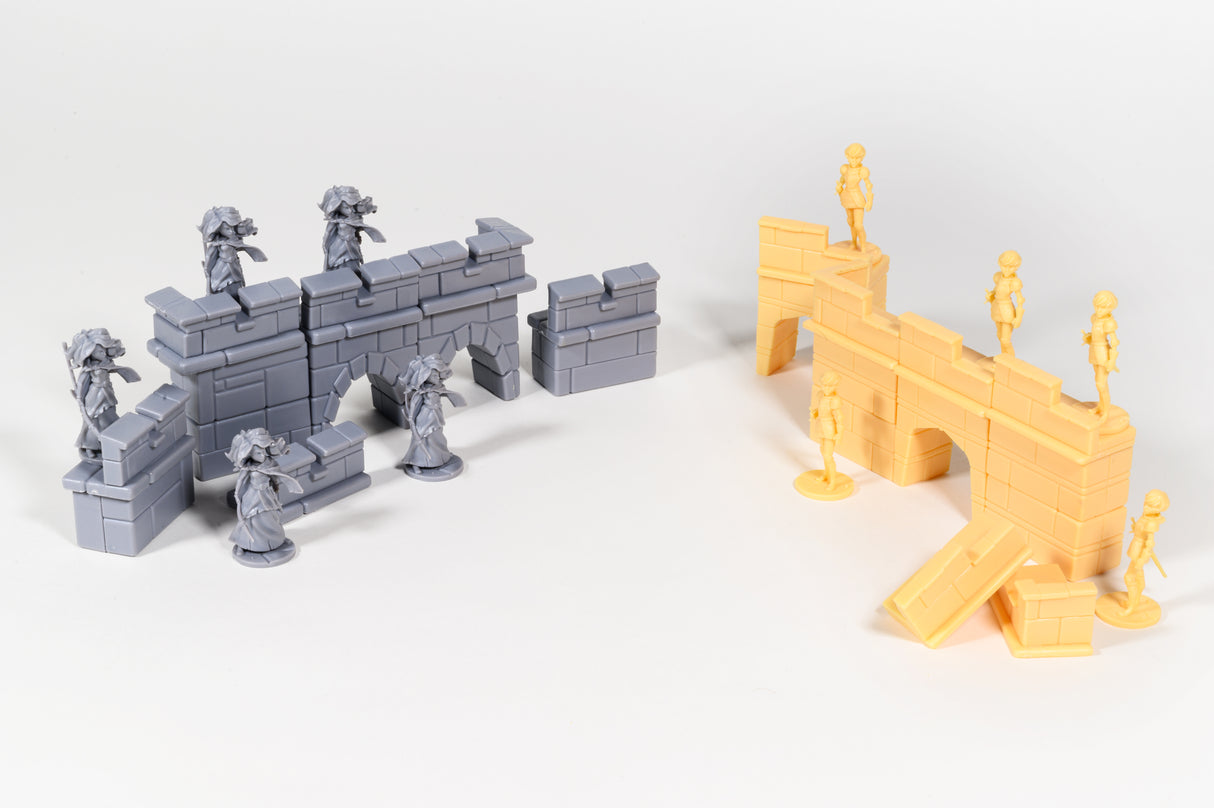 Catapult Feud: Artificer's Tower Expansion board game component spread with tower elements