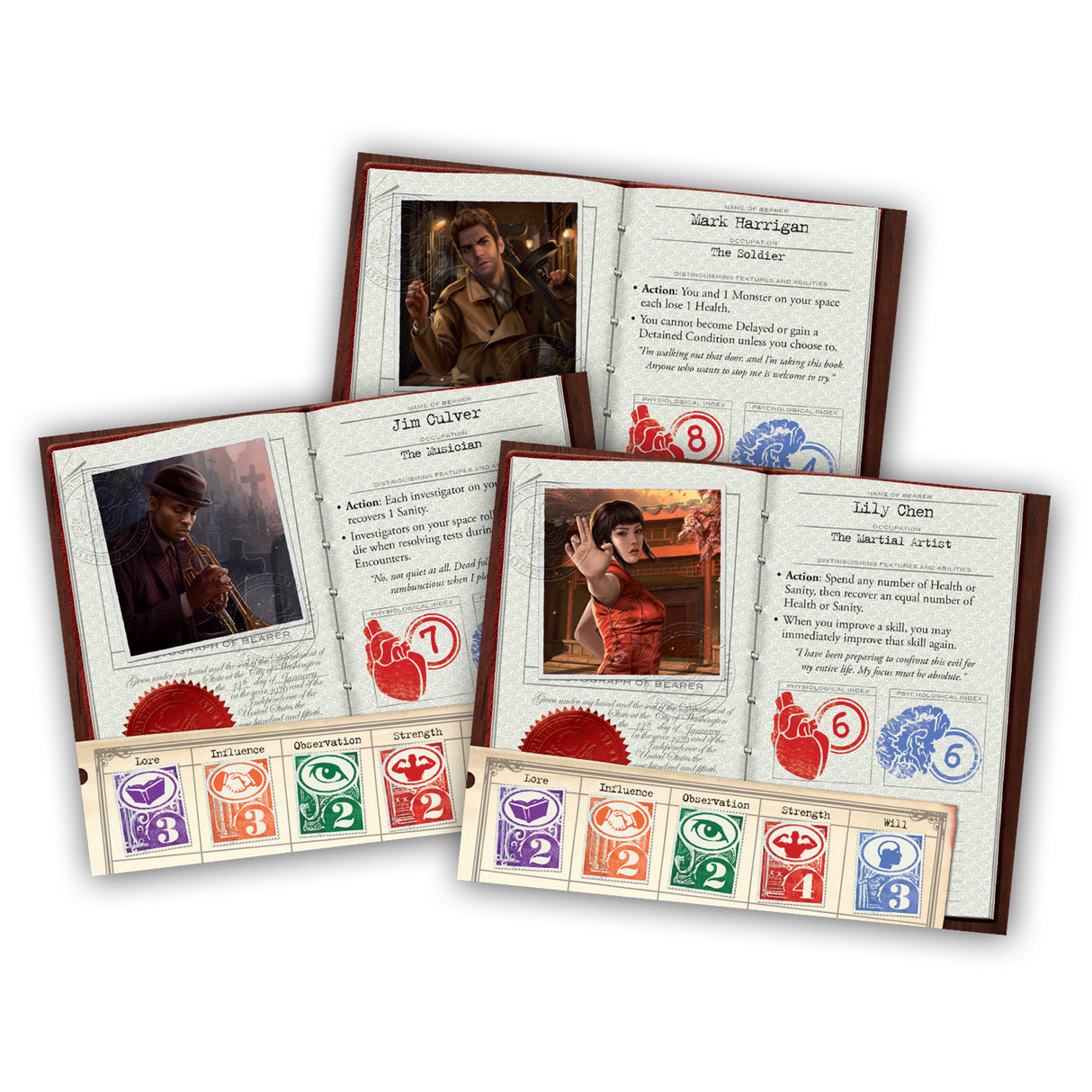 Eldritch Horror game components and investigator cards