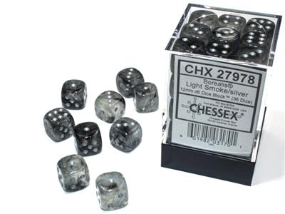 Chessex - Borealis 12mm d6 Light smoke/silver luminary dice block (36 dice)