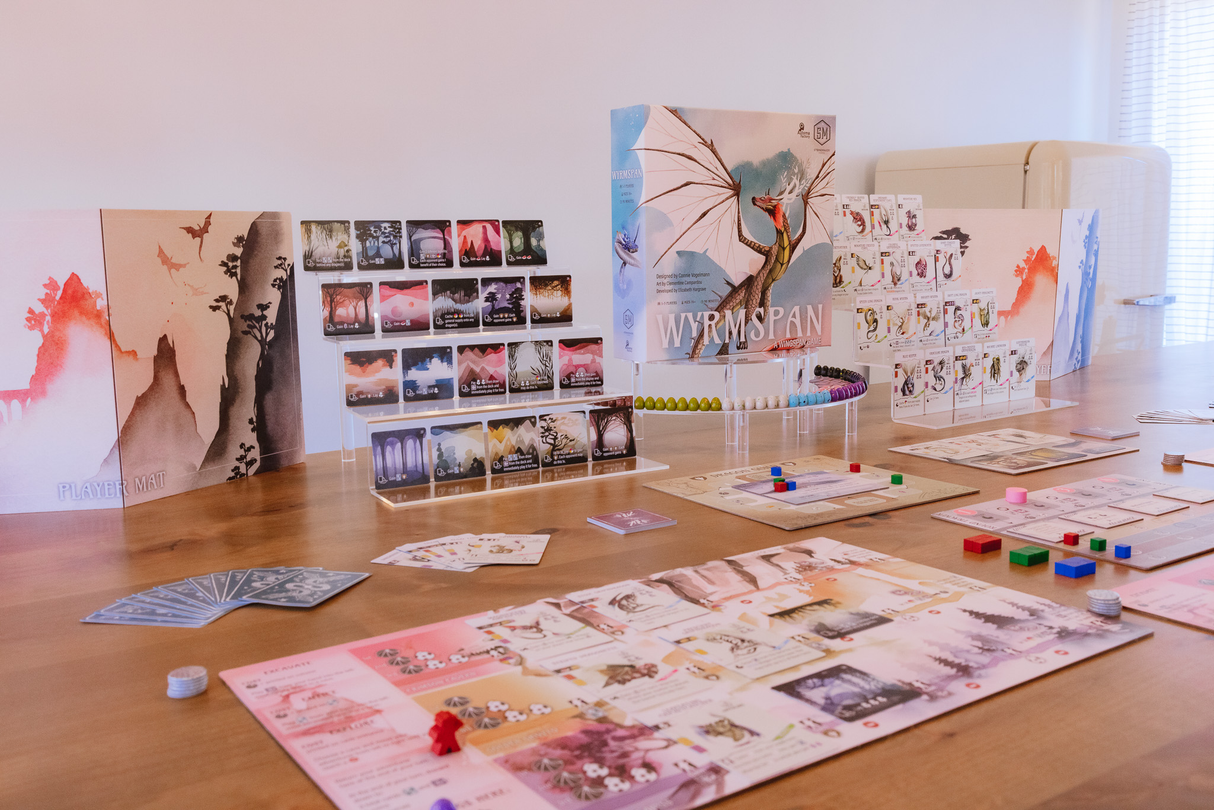 Wyrmspan game components and dragon cards