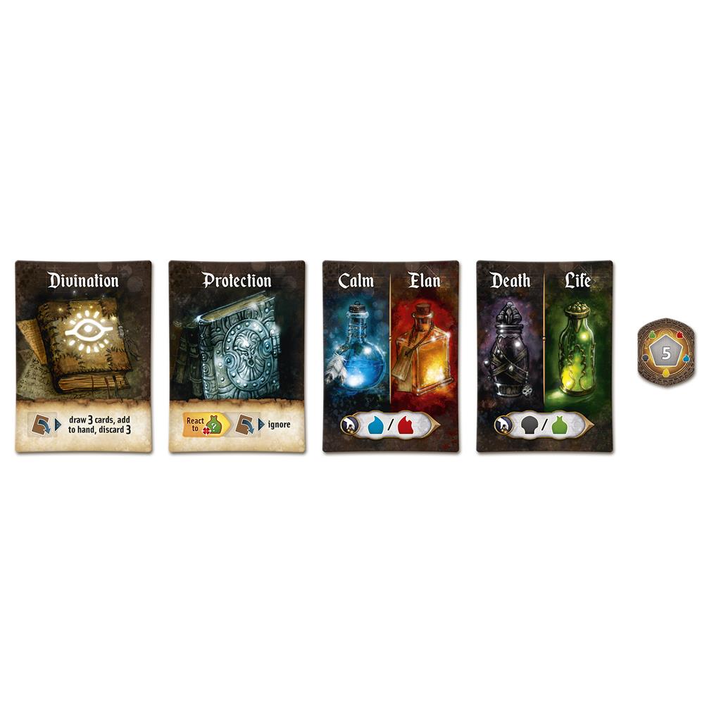 Res Arcana gameplay components including artifact cards and essence tokens