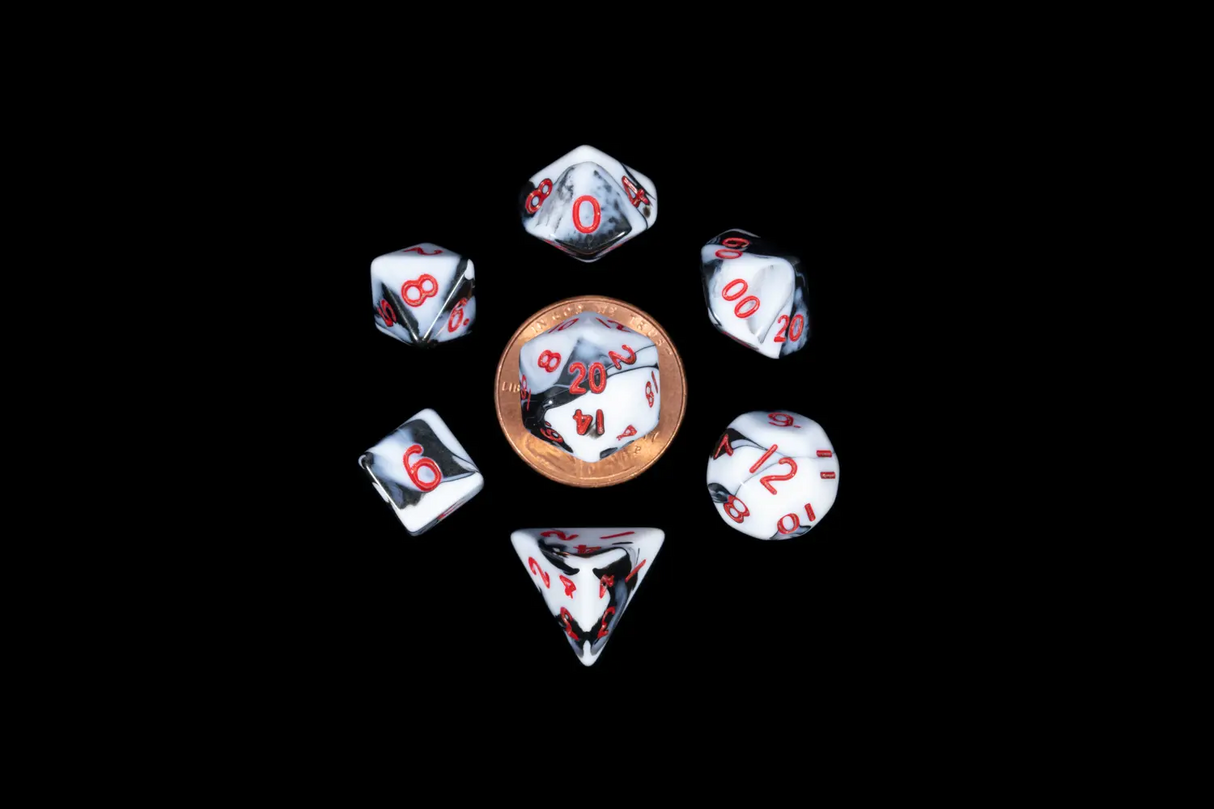 Mini Polyhedral Dice Set: Marble with Red numbers