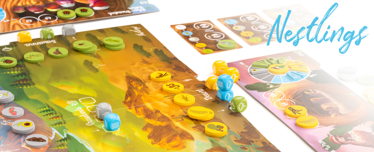 Nestlings game box showing bird nest building artwork