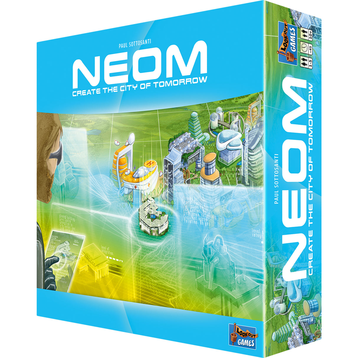 Neom game components including city building tiles and futuristic structures