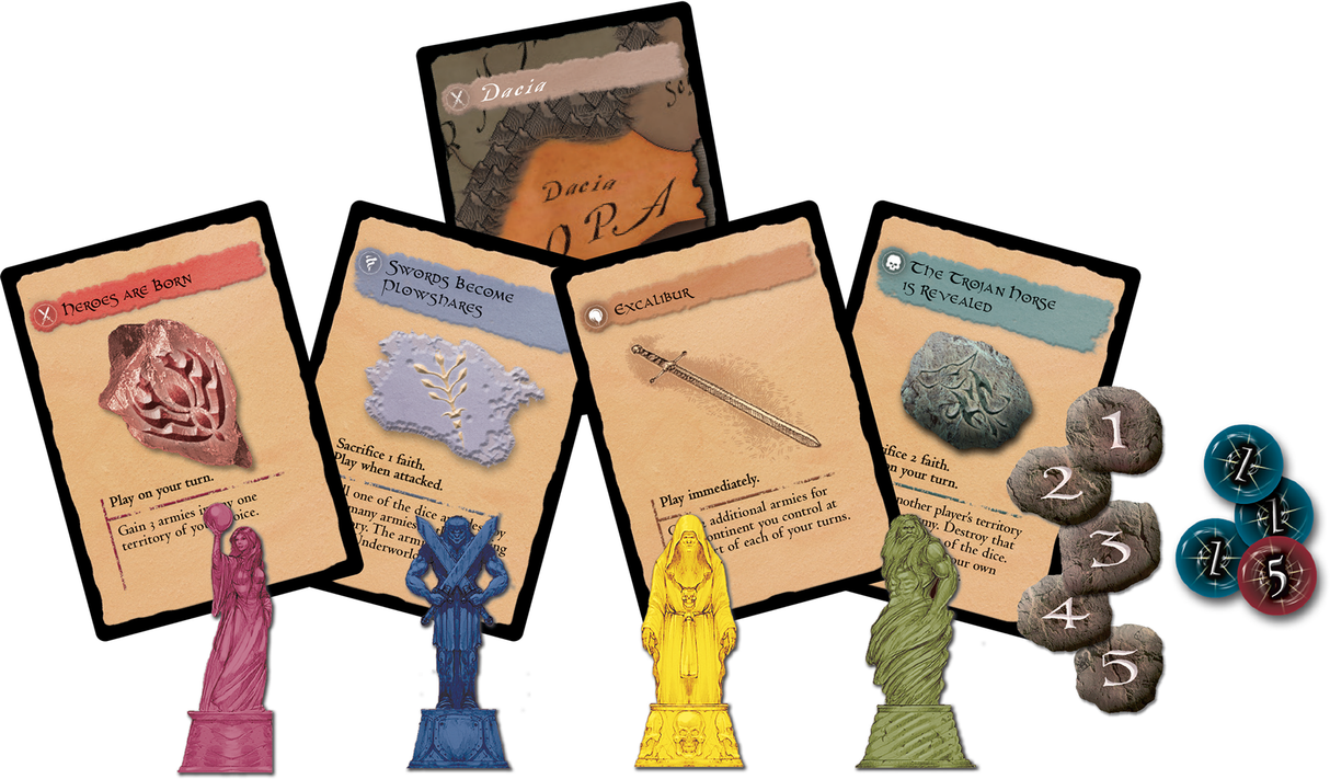 Risk: Godstorm game components and deity powers