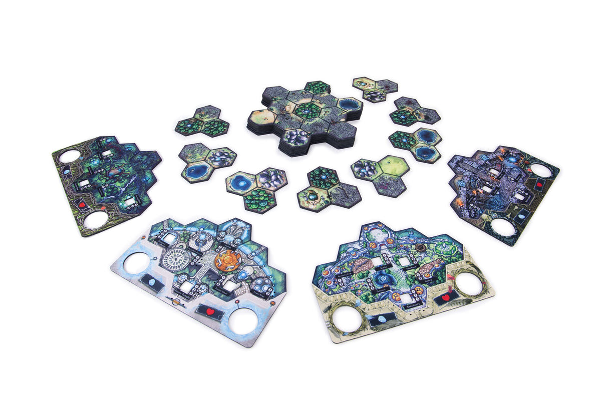 Cloudspire game board setup with modular terrain tiles