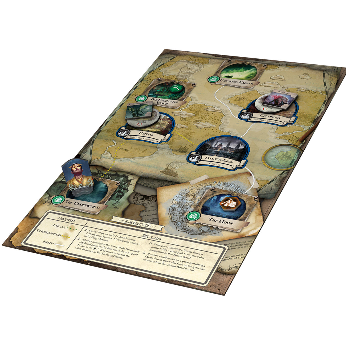 Eldritch Horror The Dreamlands expansion components including dream realm cards and investigators