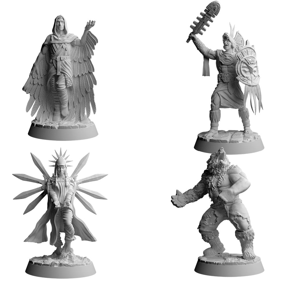 Skytear Base Set game components and hero miniatures