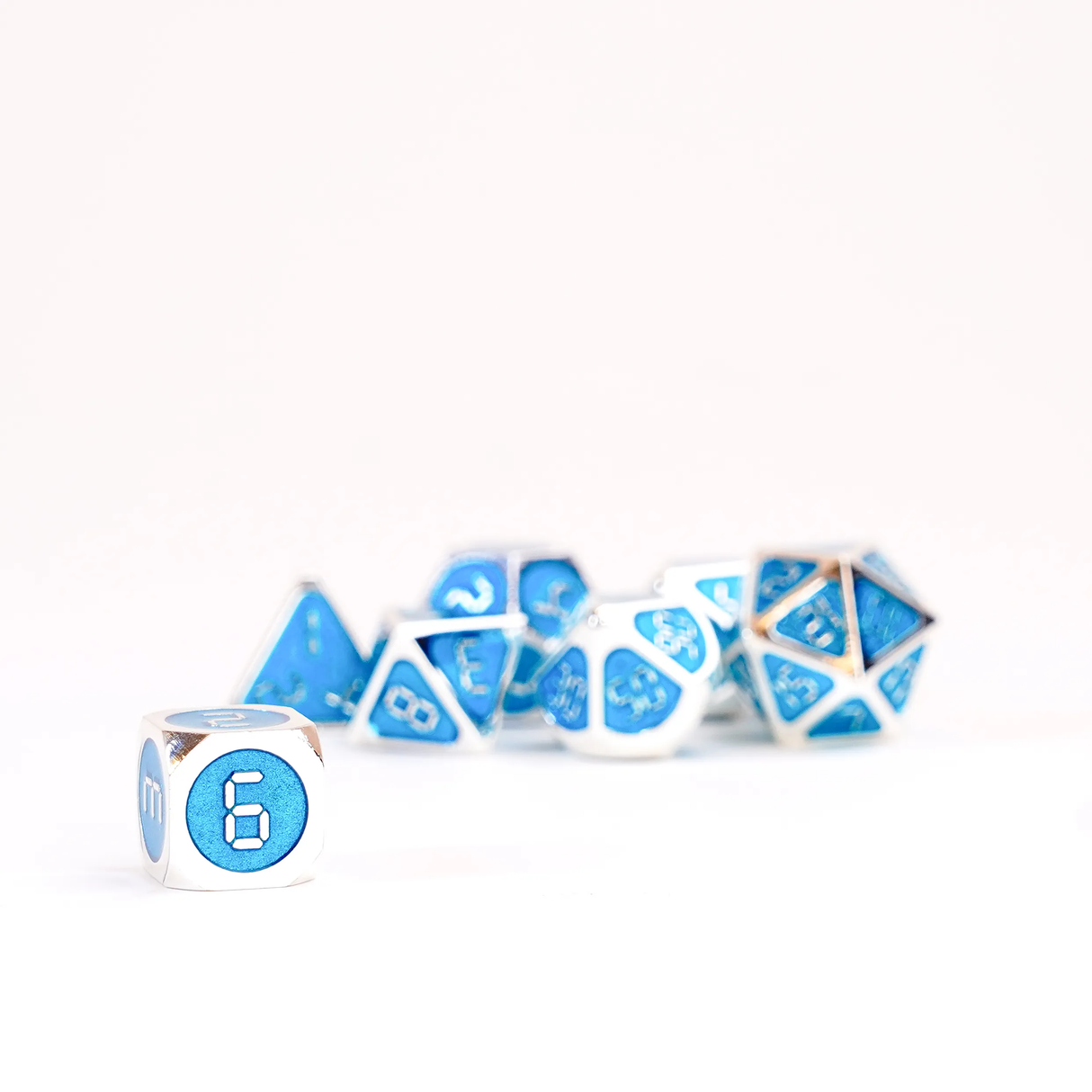 16mm Metal Polyhedral Dice: Silver with teal enamel individual dice view
