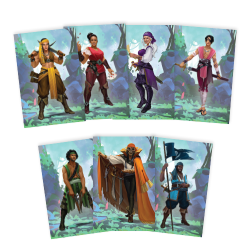Forgotten Waters game components and character cards