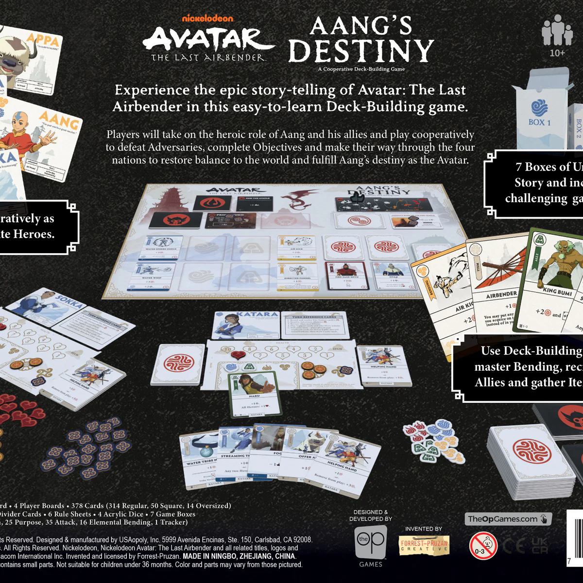 Avatar The Last Airbender Aang's Destiny cooperative deck-building game components and character cards