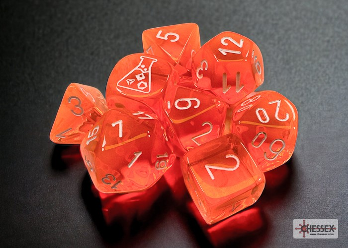 Chessex - Lab Dice Translucent Neon Orange/white Polyhedral 7-Dice Set (with bonus die) | Elderwoods