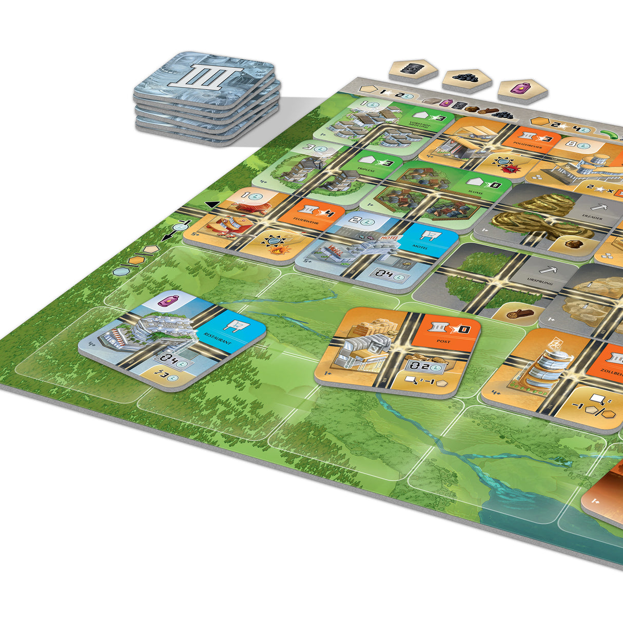 Neom gameplay setup with tile drafting and city construction mechanics