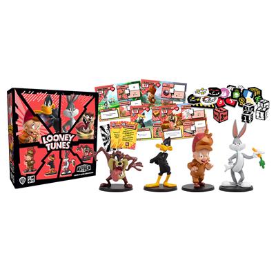 Looney Tunes Mayhem game components and character miniatures