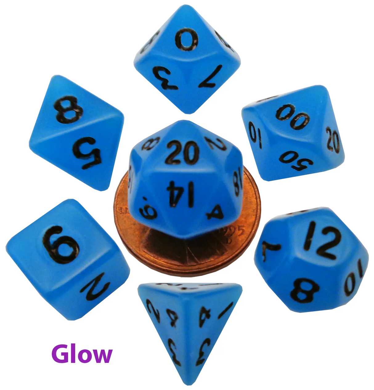 7 count Mini Poly Dice Glow Blue with Black Numbers