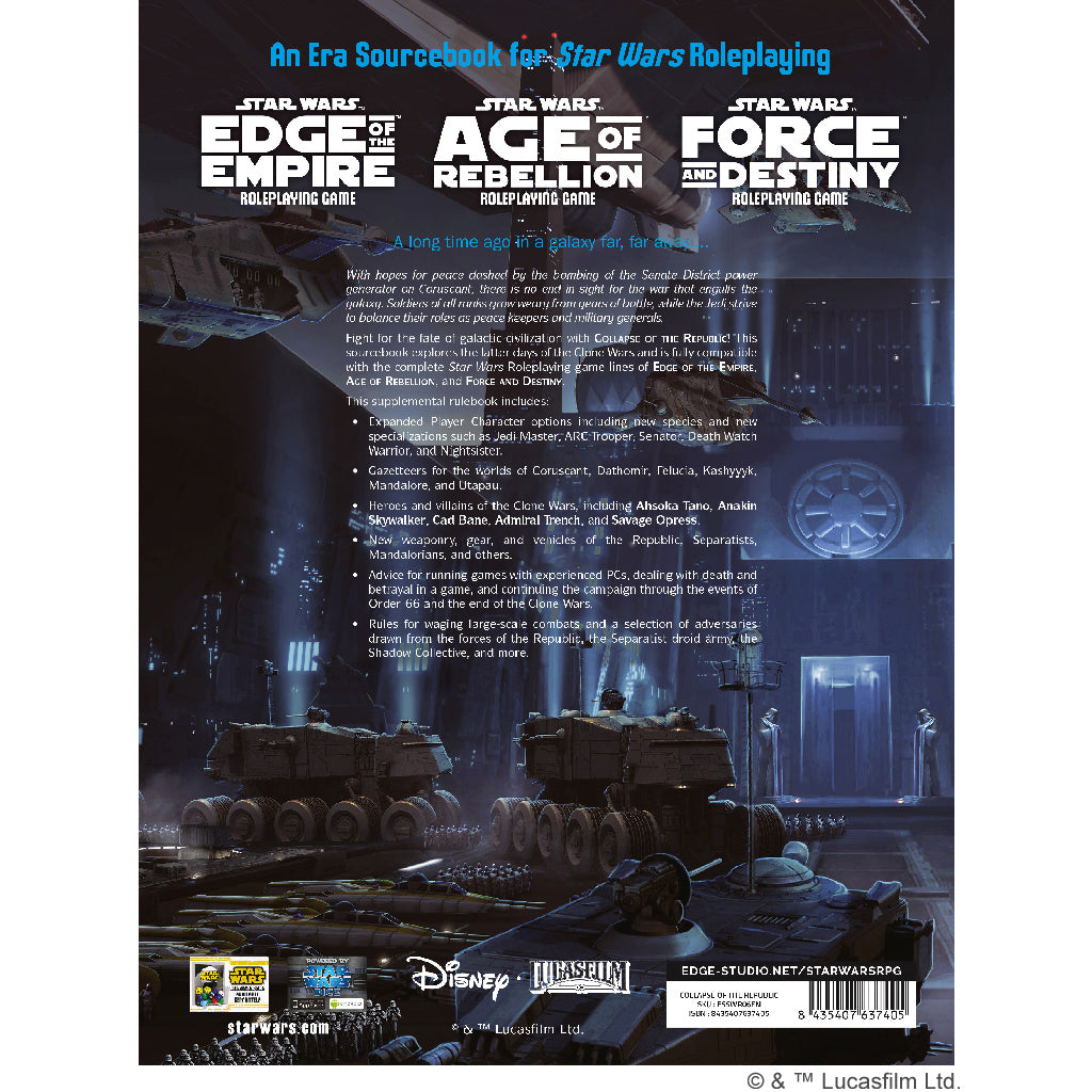 Star Wars RPG: Collapse of the Republic RPG back cover with content overview