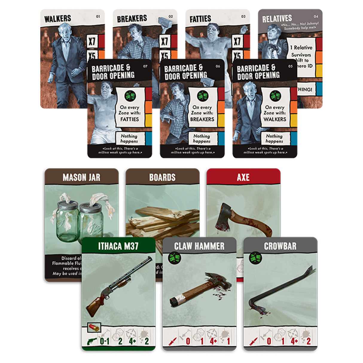 Zombicide: Night of the Living Dead weapons and zombie cards