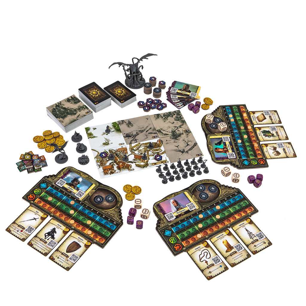 Destinies game components including character miniatures, dice, and app-driven adventure cards