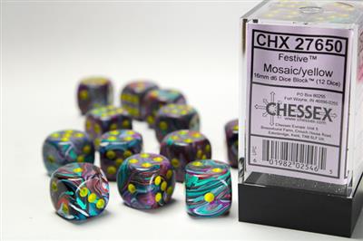 Chessex - Festive 16mm d6 Mosaic/yellow (12 dice)