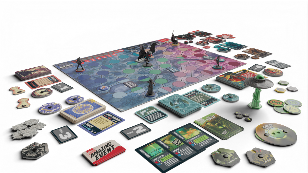 Unmatched Tales to Amaze game components including character cards, miniatures, and tokens