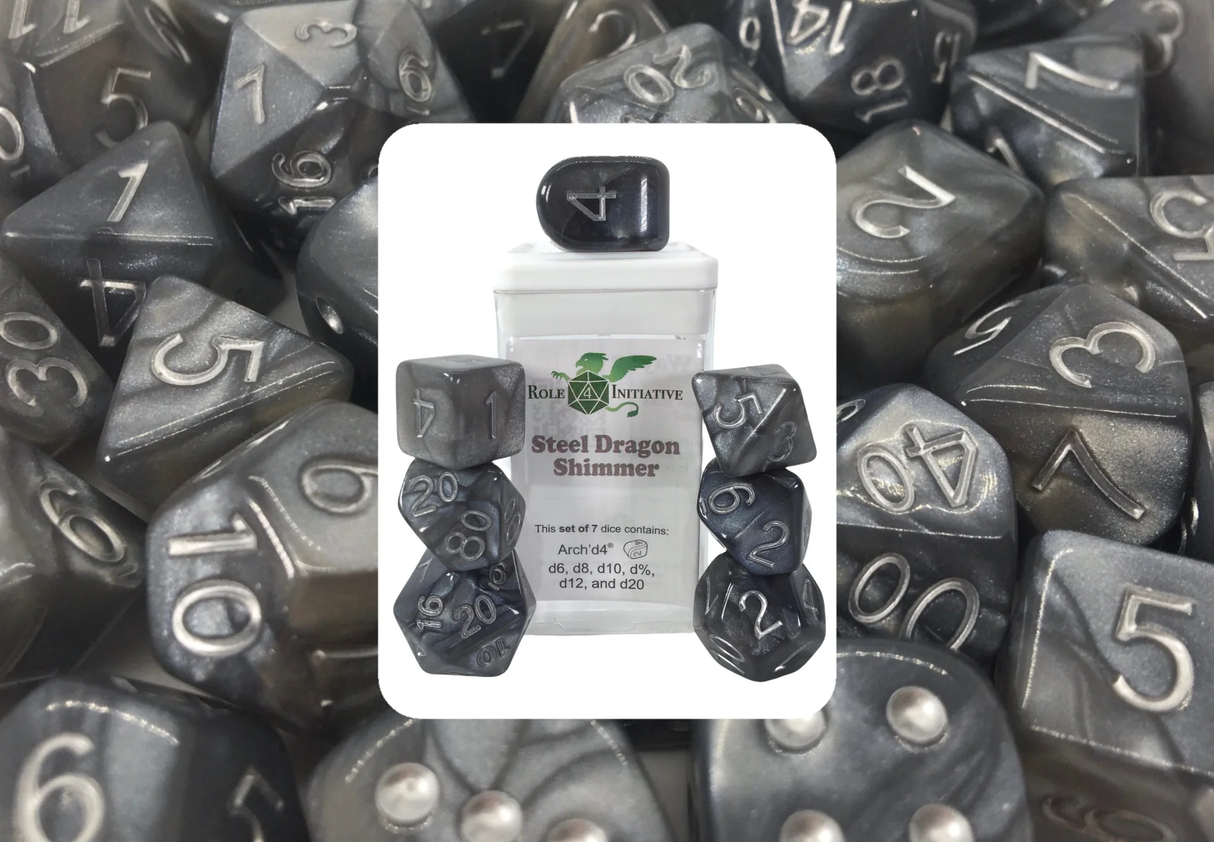 Polyhedral Dice: Steel Dragon Shimmer - set of 7 | Elderwoods