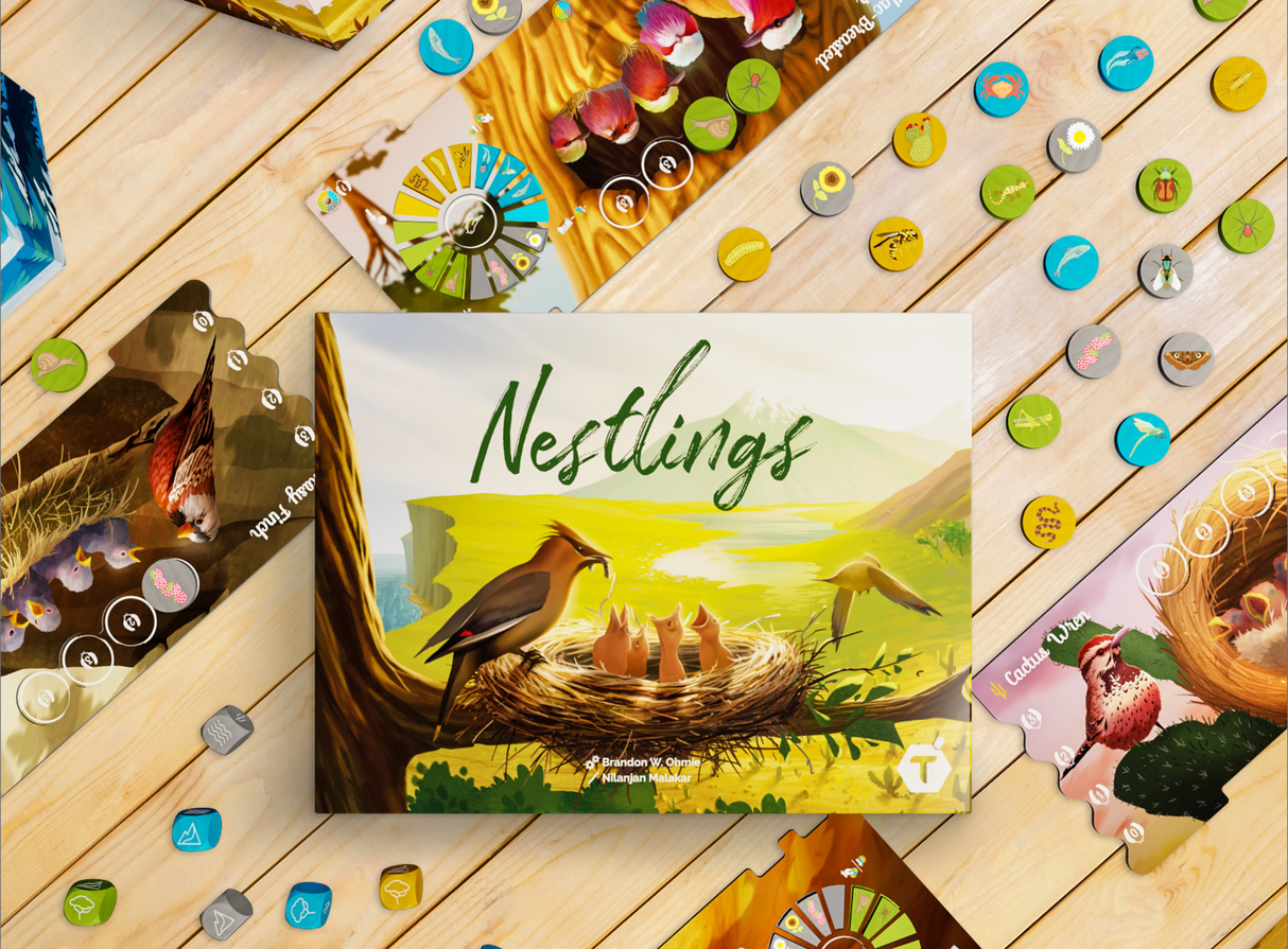 Nestlings gameplay components including bird cards and nest tiles