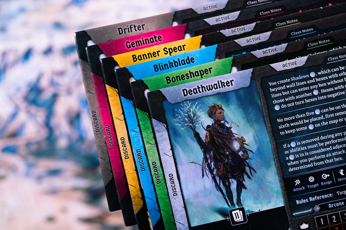 Frosthaven campaign board game cards and character sheets