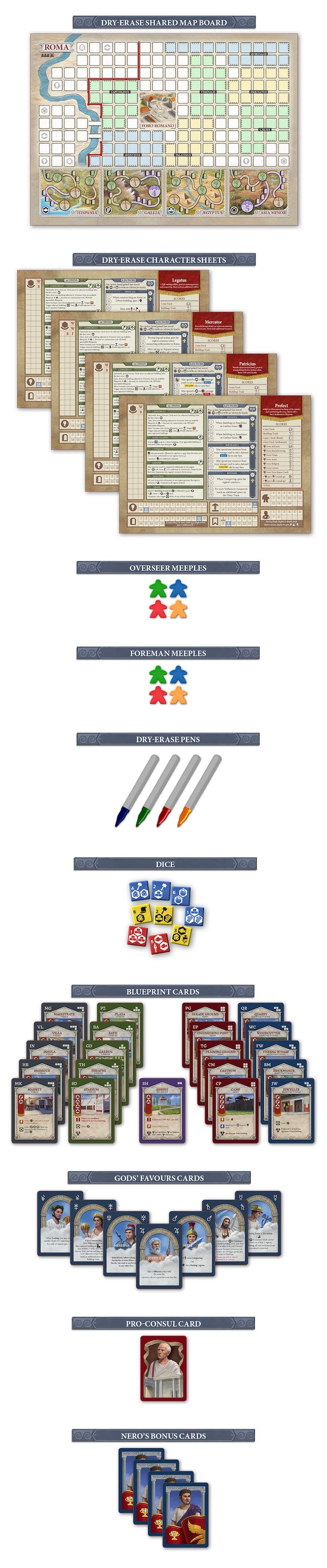 Rome & Roll game components including dice, player boards, and Roman empire building elements
