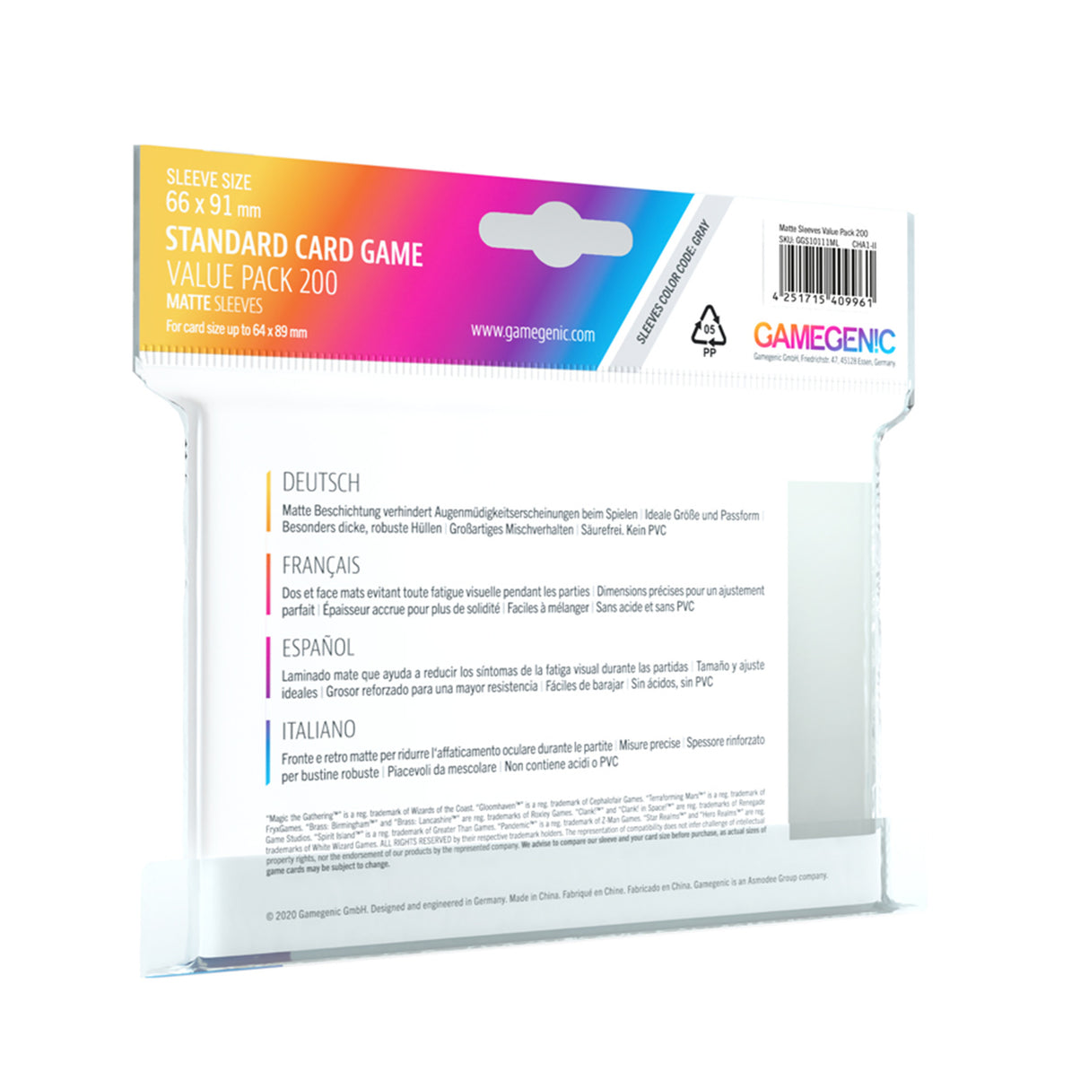 Gamegenic: Value Pack Standard Matte Sleeves showing 200 card sleeves packaging